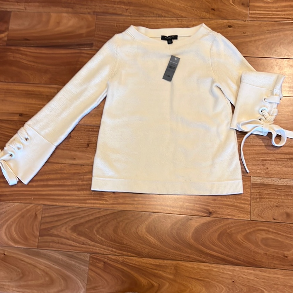 NWT, Ann Taylor cream sweater with bow tie sleeve detail